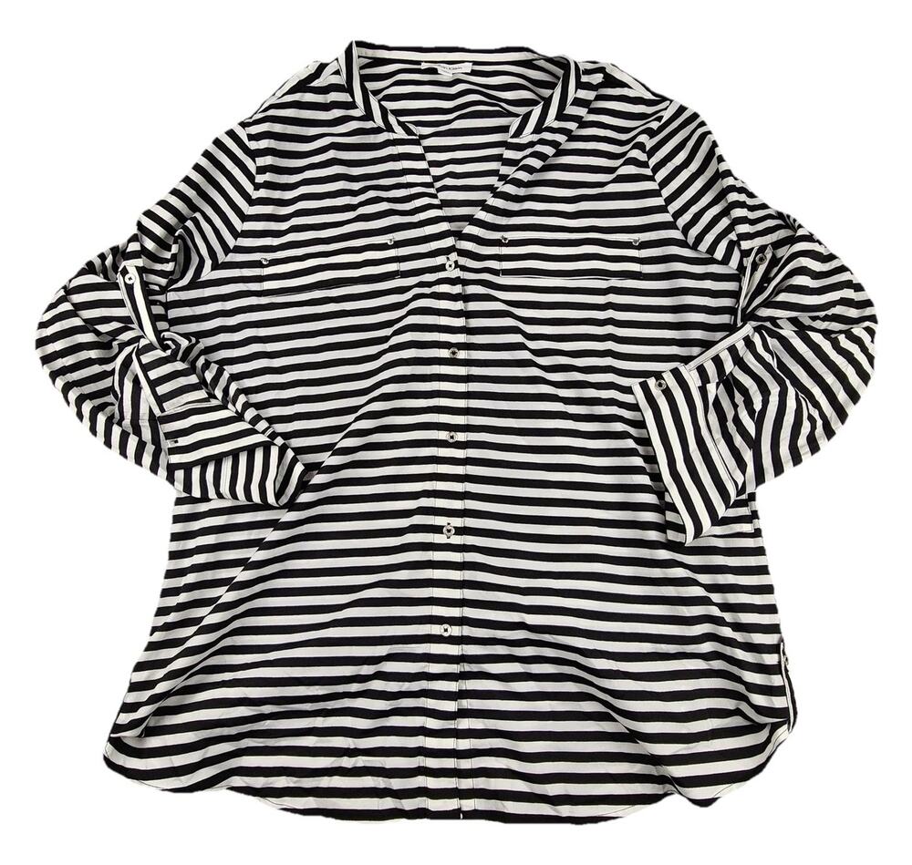 Calvin Klein Tunic Blouse Womens XL Black White Striped Roll Tab Sleeve Top